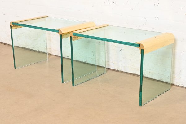 Leon Rosen for Pace Collection Mid-Century Modern Hollywood Regency Brass and Glass Waterfall Side Tables, Pair - Image 5