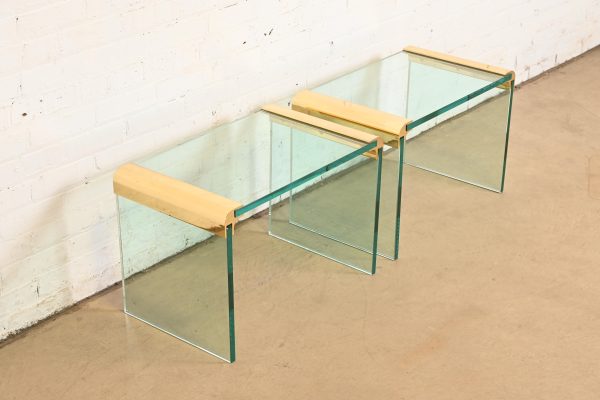 Leon Rosen for Pace Collection Mid-Century Modern Hollywood Regency Brass and Glass Waterfall Side Tables, Pair