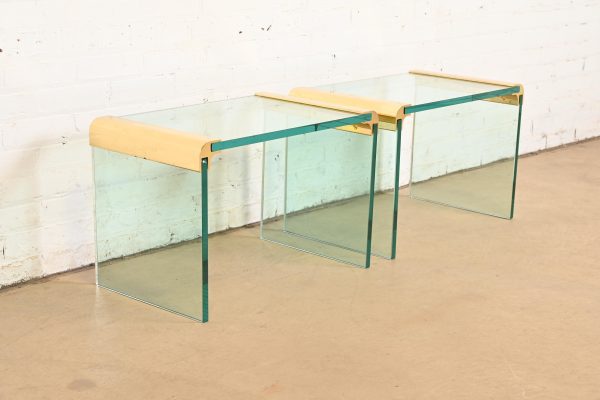 Leon Rosen for Pace Collection Mid-Century Modern Hollywood Regency Brass and Glass Waterfall Side Tables, Pair - Image 2
