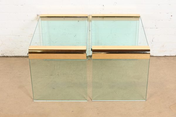 Leon Rosen for Pace Collection Mid-Century Modern Hollywood Regency Brass and Glass Waterfall Side Tables, Pair - Image 7