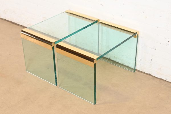 Leon Rosen for Pace Collection Mid-Century Modern Hollywood Regency Brass and Glass Waterfall Side Tables, Pair - Image 8