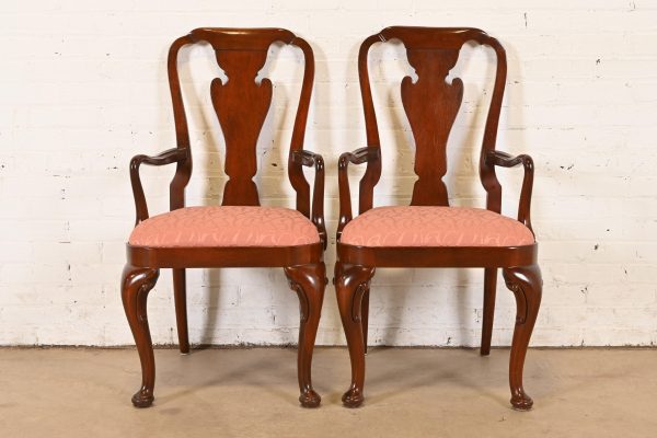 Baker Furniture Queen Anne Carved Mahogany Armchairs or Dining Captain Chairs, Pair