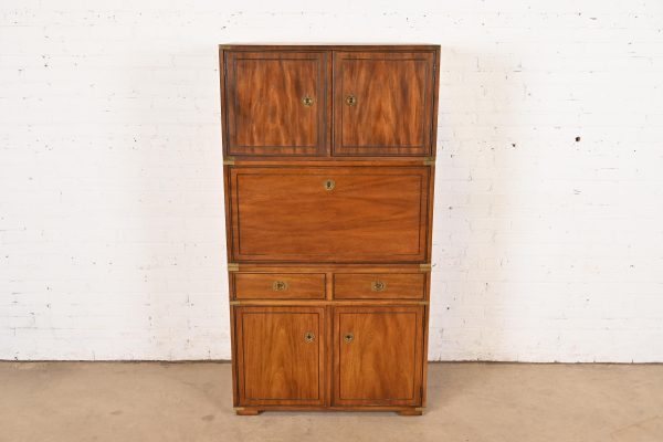 Thomasville Mid-Century Modern Hollywood Regency Campaign Walnut and Brass Secretary Desk Cabinet, 1970s - Image 2