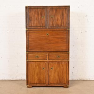 Thomasville Mid-Century Modern Hollywood Regency Campaign Walnut and Brass Secretary Desk Cabinet, 1970s