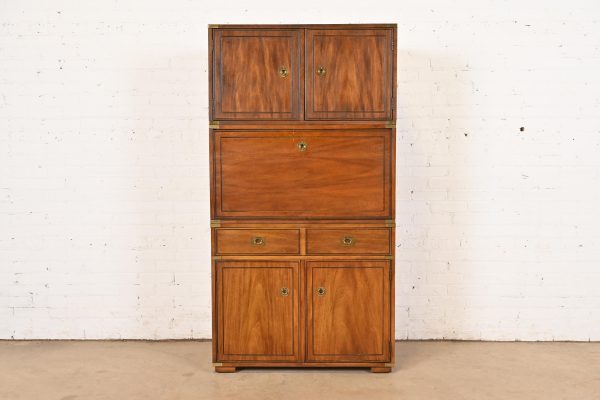 Thomasville Mid-Century Modern Hollywood Regency Campaign Walnut and Brass Secretary Desk Cabinet, 1970s
