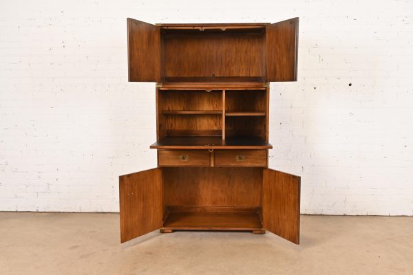 Thomasville Mid-Century Modern Hollywood Regency Campaign Walnut and Brass Secretary Desk Cabinet, 1970s - Image 4