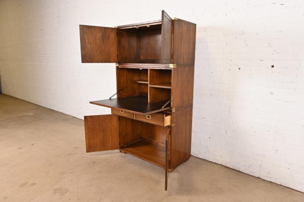 Thomasville Mid-Century Modern Hollywood Regency Campaign Walnut and Brass Secretary Desk Cabinet, 1970s - Image 5