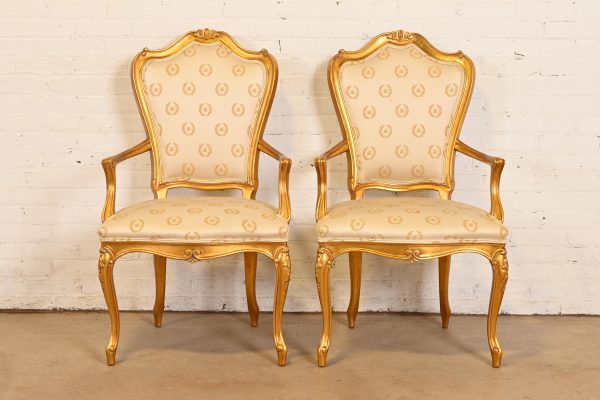 Karges French Provincial Louis XV Carved Walnut and Gold Gilt Armchairs or Dining Chairs, Pair