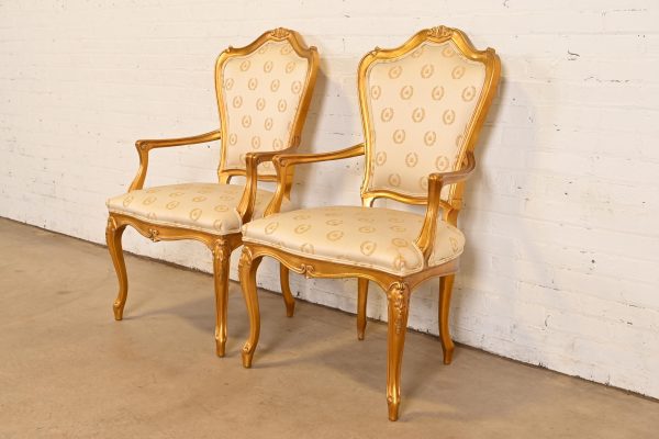 Karges French Provincial Louis XV Carved Walnut and Gold Gilt Armchairs or Dining Chairs, Pair - Image 3