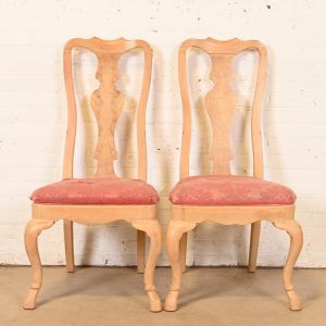 Drexel Heritage Queen Anne Carved Oak and Burl Wood Side Chairs or Dining Chairs, Pair