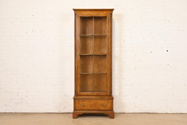 Baker Furniture Georgian Carved Cherry and Burl Wood Lighted Bookcase or Display Cabinet
