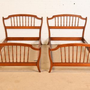 Stickley Brothers Antique Victorian Carved Maple Twin Size Faux Bamboo Spindle Beds, Pair