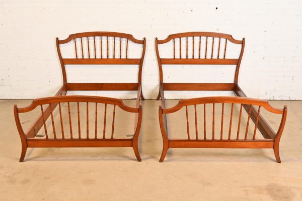 Stickley Brothers Antique Victorian Carved Maple Twin Size Faux Bamboo Spindle Beds, Pair