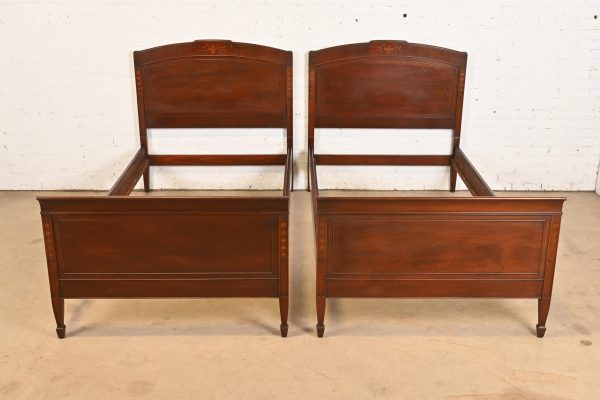 Kindel Furniture Style Federal Mahogany Inlaid Marquetry Twin Beds, Pair