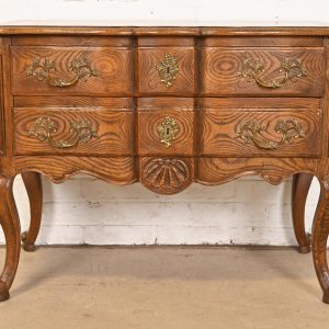 Baker Furniture French Provincial Louis XV Carved Oak and Burl Wood Commode or Bedside Chest