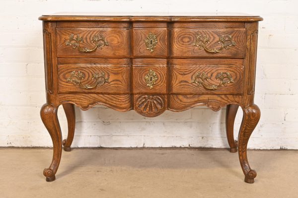 Baker Furniture French Provincial Louis XV Carved Oak and Burl Wood Commode or Bedside Chest