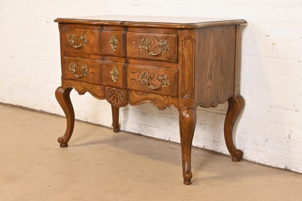 Baker Furniture French Provincial Louis XV Carved Oak and Burl Wood Commode or Bedside Chest - Image 3