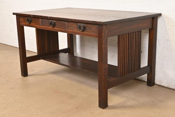 Gustav Stickley Mission Oak Arts & Crafts Spindle Writing Desk or Library Table, Circa 1905