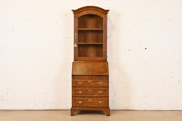 Henredon Georgian Banded Oak Drop Front Secretary Desk With Bookcase Hutch