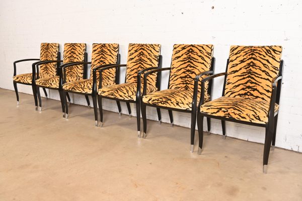 Émile-Jacques Ruhlmann Style French Art Deco Armchairs With Tiger Print Upholstery, Set of Six