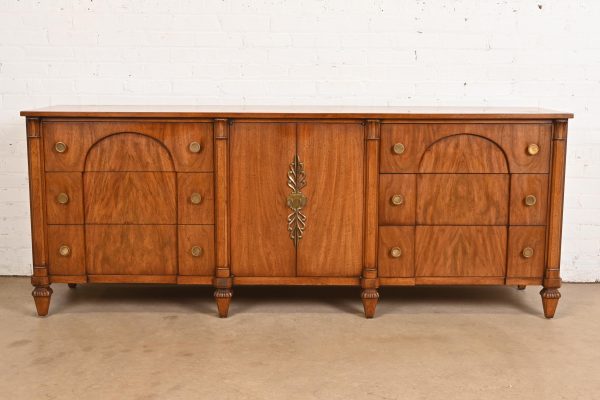 French Regency Louis XVI Burled Walnut Long Dresser or Credenza by Mount Airy Furniture, Circa 1960s