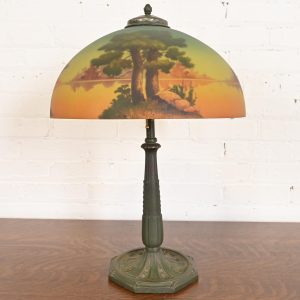 Antique Arts & Crafts Table Lamp With Reverse Painted Lake Scene, Circa 1920s