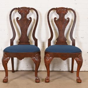 Baker Furniture Stately Homes Chippendale Carved Burled Walnut Side Chairs or Dining Chairs, Newly Refinished