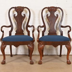Baker Furniture Stately Homes Gerogian Carved Burled Walnut Armchairs or Dining Captain Chairs, Newly Refinished