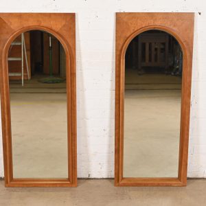 Thomasville Mid-Century Modern Burled Walnut Framed Arched Wall Mirrors, Pair