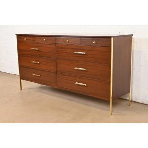 Paul McCobb for Directional Mid-Century Modern Mahogany and Brass Ten-Drawer Dresser or Credenza, Newly Refinished