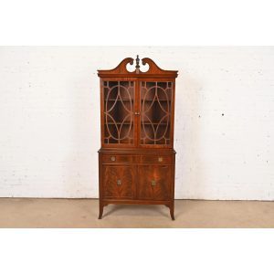 Baker Furniture Style Georgian Flame Mahogany Breakfront Bookcase Cabinet