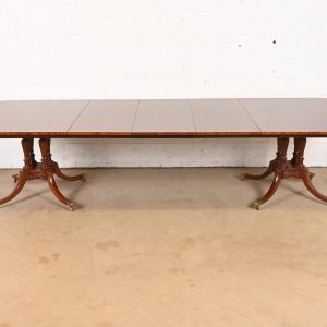 Baker Furniture Historic Charleston Georgian Banded Mahogany Double Pedestal Extension Dining Table, Newly Refinished