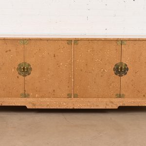 Baker Furniture Style Hollywood Regency Chinoiserie Faux Burl Wood Lacquered Sideboard Credenza, Circa 1970s