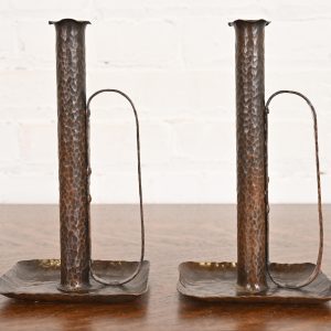 Roycroft Style Arts & Crafts Hammered Copper Handled Candlesticks, Pair