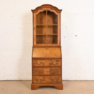 Georgian Cherry and Burl Wood Drop Front Secretary Desk With Lighted Bookcase Hutch by Jasper Cabinet Co.