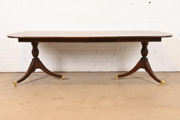 Baker Furniture Style Georgian Banded Mahogany Double Pedestal Extension Dining Table, Newly Refinished - Image 3