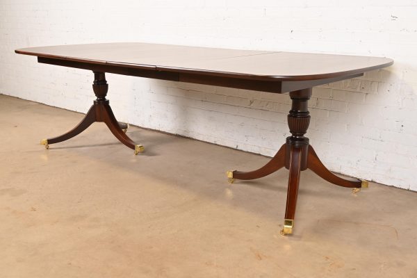 Baker Furniture Style Georgian Banded Mahogany Double Pedestal Extension Dining Table, Newly Refinished - Image 4