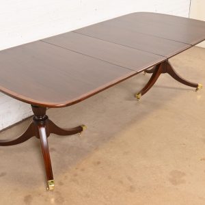 Baker Furniture Style Georgian Banded Mahogany Double Pedestal Extension Dining Table, Newly Refinished