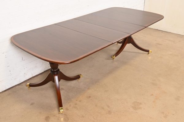 Baker Furniture Style Georgian Banded Mahogany Double Pedestal Extension Dining Table, Newly Refinished