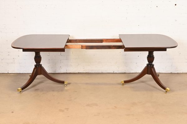 Baker Furniture Style Georgian Banded Mahogany Double Pedestal Extension Dining Table, Newly Refinished - Image 6