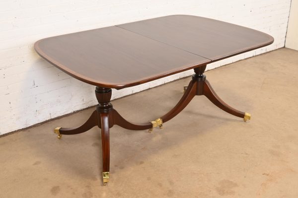 Baker Furniture Style Georgian Banded Mahogany Double Pedestal Extension Dining Table, Newly Refinished - Image 8