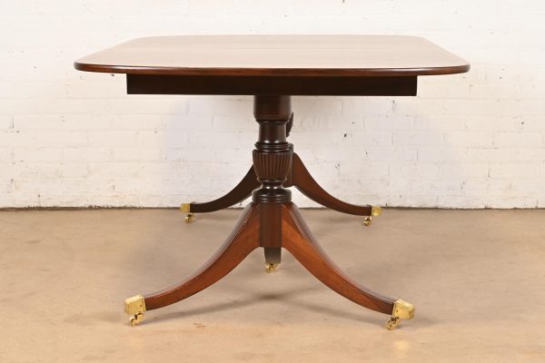 Baker Furniture Style Georgian Banded Mahogany Double Pedestal Extension Dining Table, Newly Refinished - Image 11