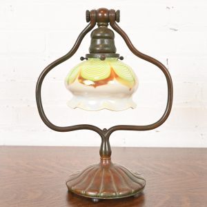 Tiffany Studios New York Bronze Harp Desk Lamp With Pulled Feather Favrile Glass Shade