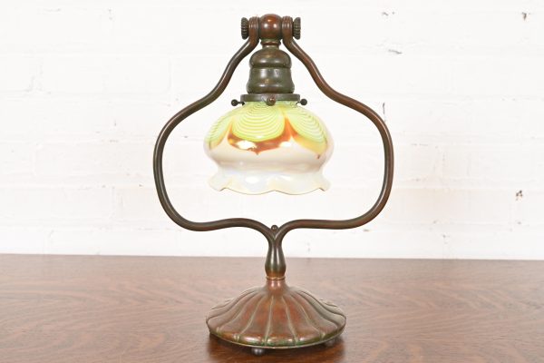 Tiffany Studios New York Bronze Harp Desk Lamp With Pulled Feather Favrile Glass Shade