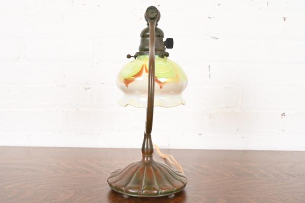 Tiffany Studios New York Bronze Harp Desk Lamp With Pulled Feather Favrile Glass Shade - Image 10