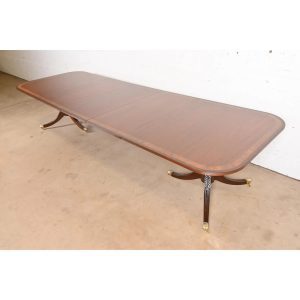 Baker Furniture Style Georgian Banded Mahogany Double Pedestal Extension Dining Table, Newly Refinished