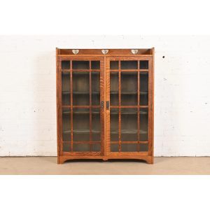 Stickley Brothers Style Antique Mission Oak Arts & Crafts Glass Front Double Bookcase Cabinet, Circa 1900