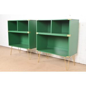 Thomasville Mid-Century Hollywood Regency Campaign Green Lacquered Bookcases on Hairpin Legs, Newly Refinished
