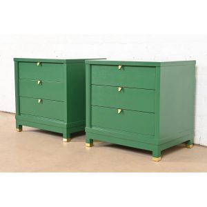 Merton Gershun for American of Martinsville Mid-Century Hollywood Regency Campaign Green Lacquered Nightstands, Newly Refinished