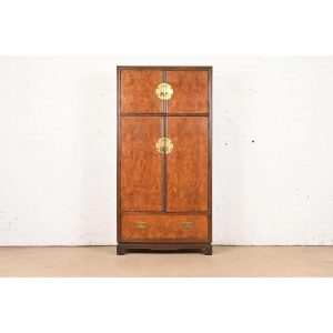 Drexel Heritage Hollywood Regency Chinoiserie Burl Wood Armoire Dresser or Bar Cabinet, Circa 1970s